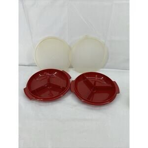 Tupperware 2 Suzette Red 608 Sectioned appetizer trays Lid & Handle VGUC!